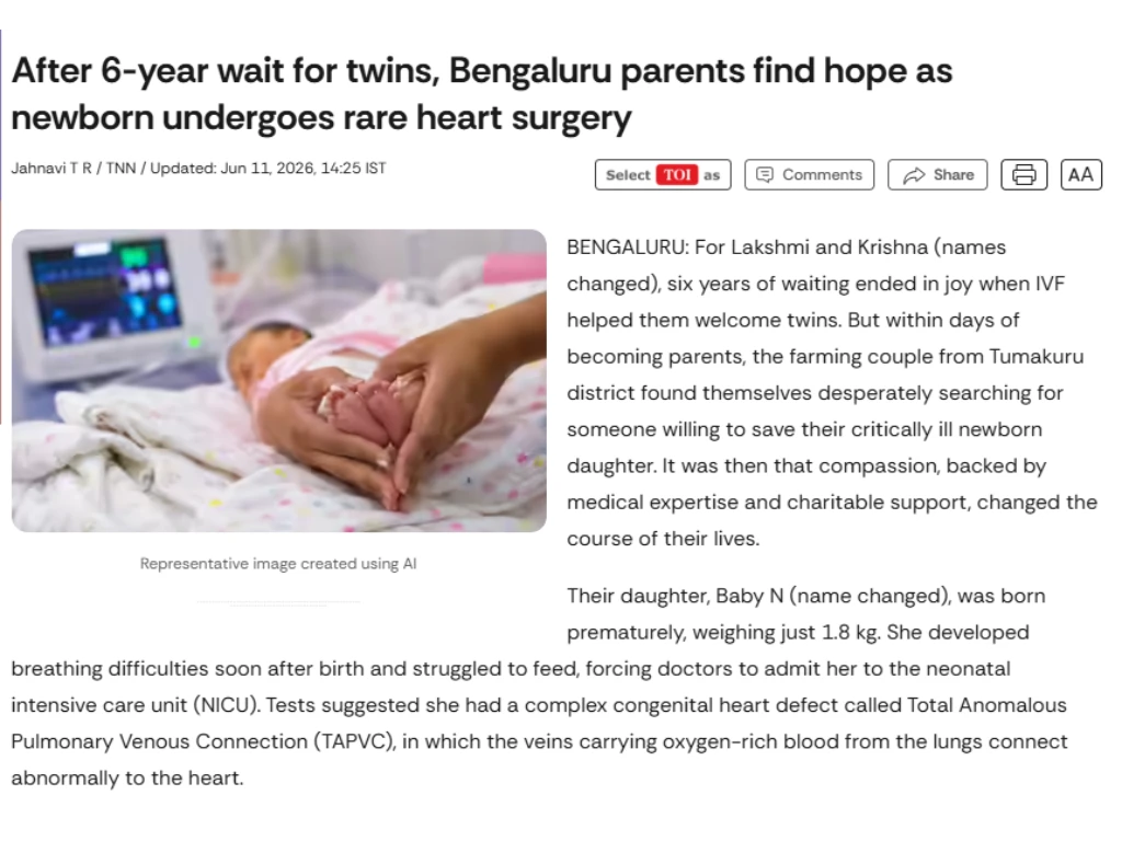 After 6-year wait for twins, Bengaluru parents find hope as newborn undergoes rare heart surgery